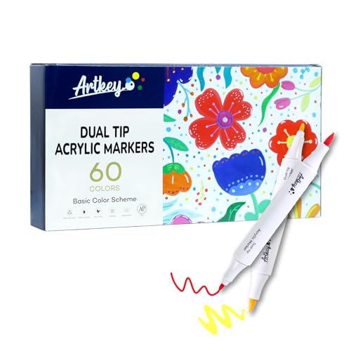 Artkey Acrylic Paint Markers 60 Colors, Dual Tip Acrylic Paint Pens with Brush and Fine Tips, Acrylic Markers Set for Rock Painting, Wood, Canvas, Glass, Ceramic, Stone, Fabric, Plastic, DIY Crafts - color: 60 Colors