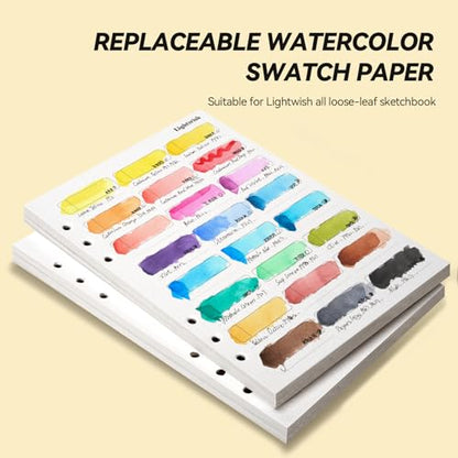 Lightwish Watercolor Swatch Paper Bulk - 100% Cotton Cold Press 300gsm/140lb, 2 Pack Total 40 Sheets 24 Spaces A5 Hole-Punched Replaceable Paper for Watercolor, Gouache, Oil Pastels,5.8 * 8.2 Inches