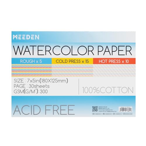 MEEDEN Watercolor Paper Block - 3 Textures 100% Cotton Watercolor Paper Pad of 30 Sheets, 140lb/300gsm, Acid-Free Art Paper for Watercolor, Gouache, Ink and More, 5" x 7" - size: 5×7"