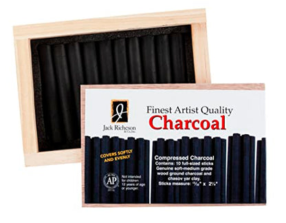 Yarka Extra Smooth Medium Soft Non-Toxic Pressed Charcoal Stick, 4-3/8 x 7/16 in, Black, Pack of 10