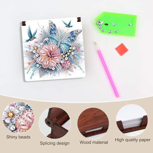 Diamond Painting Kit memo Box, Diamonds Art DIY Flower and Butterfly Patterns Sticky Note Box Special Shape Drill, with 160 Sticky Note, Ideal for Home Office Supplies, Handicrafts, Holiday Gifts - color: Flower and Butterfly