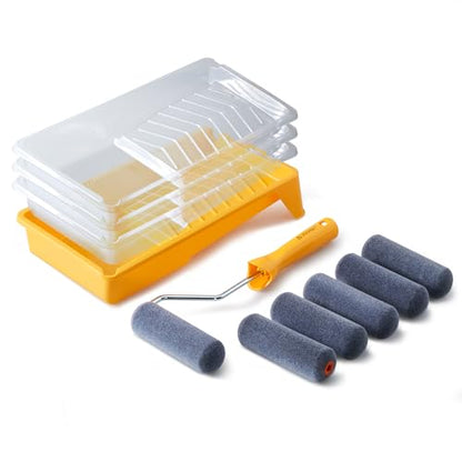 Voomey Foam Paint Roller, 4 Inch Mini Flock Foam Cover Kit, Small Paint Rollers with Tray and Roller Frame for Doors, Trims & Cupboards - size: 4 Inch Mini Flock Foam Paint Roller Kit 11 Pack