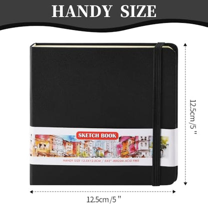 Square 5x5 inches 80gsm 96sheets/192 Pages Notebooks Blank Sketchbooks Travel Journal Pocket Hardcover Paint Writing Diary Memo Planner PU Leather Cover. Black - color: PU Cover-5x5in-Black