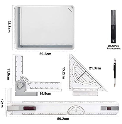 Frylr Metric A3 Drawing Board Drafting Table Multifunctional Drawing Board Table with Clear Rule Parallel Motion and Angle Adjustable Measuring System - size: Metric