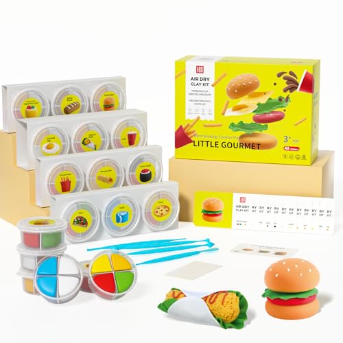 Air Dry Clay Kit - Modeling Clay for Kids mit Sculpting Tools und Tutorial, Ultra Light & Soft, Safe & Non-Toxic, DIY Model Magic Clay 12 Cans 48 Colors, Creative Art Crafts Toys Gifts for Girls Boys - color: #003-Little Gourmet