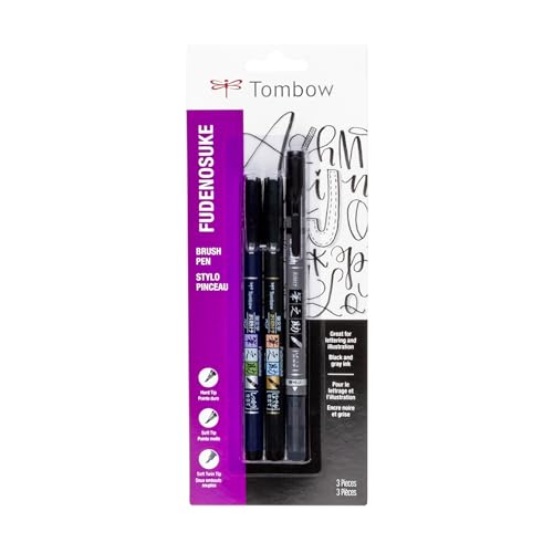 Tombow 62039 Fudenosuke Brush Pens, 3-Pack. Soft, Hard, and Twin Tip Markers for Calligraphy and Art Drawings - color: Black, size: 3 Count (Pack of 1)