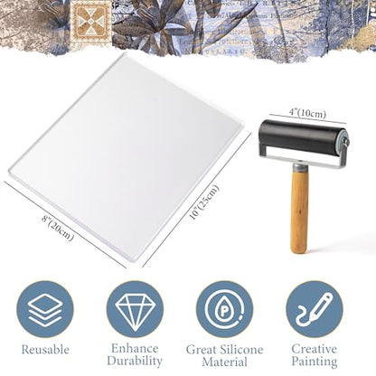 Funria Gel Printing Plate Kit with 8" X 10" Reusable Gel Printing Plate, Printing Paper, Baren, Stencils, Rubber Roller, Crafts Printmaking Supplies for Mixed Media Art Monoprinting Card Making - color: 4PC