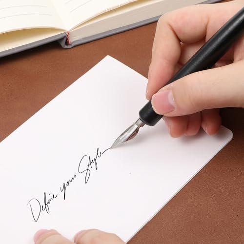 12PCS Comic Pen Nibs for Drawing, Oblique Calligraphy Dip Fluid Writer Pens, Wooden Drawing Pens Holder with 10 PCS Stainless Steel Pen Replacement Nibs Nib for Writing, Painting, Signing, Sketch - color: Brown + Black