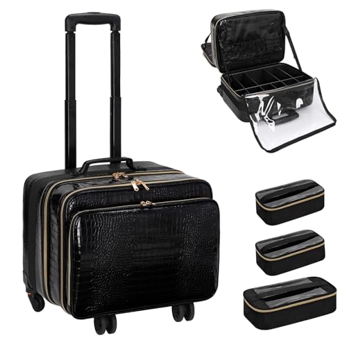 OCHEAL 18 Inch Rolling Makeup Train Case, Extra Large Travel Cosmetic Organizer Storage Trolley with Wheels, 3 Layers & 3 Travel Makeup Bags Carry On for Hairstylist Cosmetology Artist - color: Black-with 3 Pcs Makeup Bags