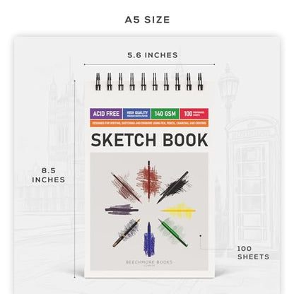 BEECHMORE BOOKS 5.6"x8.5" Spiral Sketchbook – 140 GSM Acid-Free Paper, 100 Perforated Pages, A5 Art Sketch Pad for Drawing & Sketching, Artists, Adults - size: A5 (5.6" x 8.5")