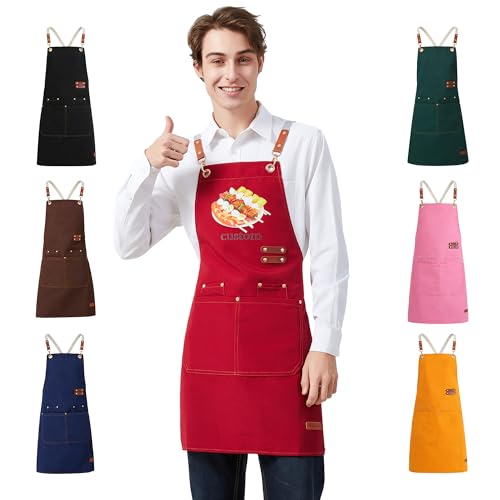 Personalized Waterproof Canvas Apron Custom Logo - Heavy Duty Cross Back 4 Pockets for Men Women Chef Barista - color: Red 1