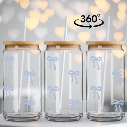 BIPEDS Coquette Cute Dusty Blue Bow Glass Cups with Lids and Straws, Aesthetic Iced Coffee Cup Girly Preppy Tumbler Mug, Christmas Valentines Birthday Gifts for Women, Teen Girl Gifts Trendy Stuff - color: 07-Bow-Dusty Blue