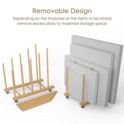 Art Storage Rack with Caster Wheels, 9 Section Wooden Art Canvas Storage for Frames and Drawing Board, Printed Matters, Paper Pads for Studio, Gallery, Art Exhibition