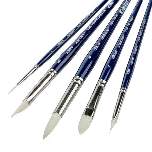 Silver Brush Limited BR-1956S Bristlon Variety Set, 5pc Premium Short Handle Brushes with Stiff White Synthetic Tips, Round, Cats Tongue, Pointed Triangle, Monogram Liner for Acrylic, Oil, Watercolor - color: Variety Set, size: 5 count