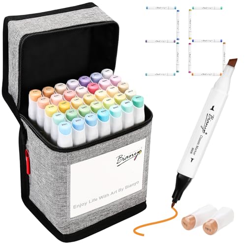 Bianyo 36 Pastel Colors Alcohol Markers Set, Dual Tip Fine & Chisel Markers with Grey Carry Case for Coloring, Blending, Sketching, Drawing & Highlighting - color: 36 Pastel Colors