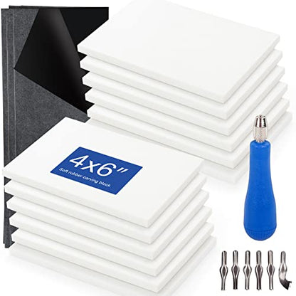 Falling in Art Carving Blocks Stamp Making kit, Linoleum Blocks Printing Kit with 6 Shaped Blades Cutting Tool,12 Pack Rubber Carving Blocks and 3 Carbon Papers for Printmaking, Stamps, Crafts - size: 4x6"(12 Pack) + Carving Tool