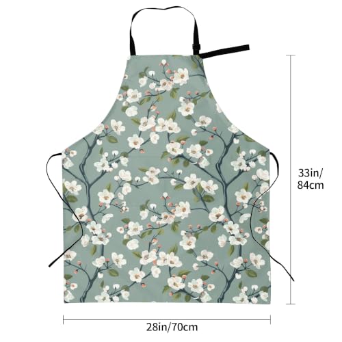 Cream Pastel Wildflower Art Waterproof Apron with Pockets | Garden Aprons for Men Women Adjustable Bib Apron for Cooking Kitchen Baking BBQ Painting Housework Oil Resistant - color: Sage White Blossom