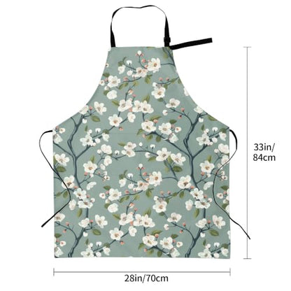 Cream Pastel Wildflower Art Waterproof Apron with Pockets | Garden Aprons for Men Women Adjustable Bib Apron for Cooking Kitchen Baking BBQ Painting Housework Oil Resistant - color: Sage White Blossom