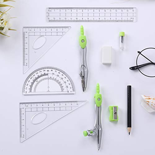 Vobou Math Geometry Kit Sets 10 Piece Student Supplies with Shatterproof Storage Box,Includes Rulers,Protractor,Compass,Eraser,Pencil Sharpener,Lead Refills,Pencil,for Drafting（Green） - color: Green