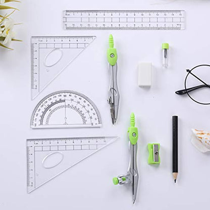 Vobou Math Geometry Kit Sets 10 Piece Student Supplies with Shatterproof Storage Box,Includes Rulers,Protractor,Compass,Eraser,Pencil Sharpener,Lead Refills,Pencil,for Drafting（Green） - color: Green