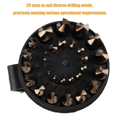 29-Piece M2 High Speed Steel Drill Bit Set, 135° Split Point & Precision Ground Tip for Metal, Alloy Steel, Wood & Plastic, Black with Indexed Round Storage Case (1/16”–1/2” by 64ths)
