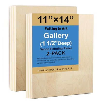 Falling in Art 2 Pack Unfinished Wooden Canvas Panels, 11x14 Gallery Birch Wood Panels Kit, 1 1/2" Deep Art Cradle Boards for Acrylic Painting, Pouring and Burning - size: 11*14 2 Pack