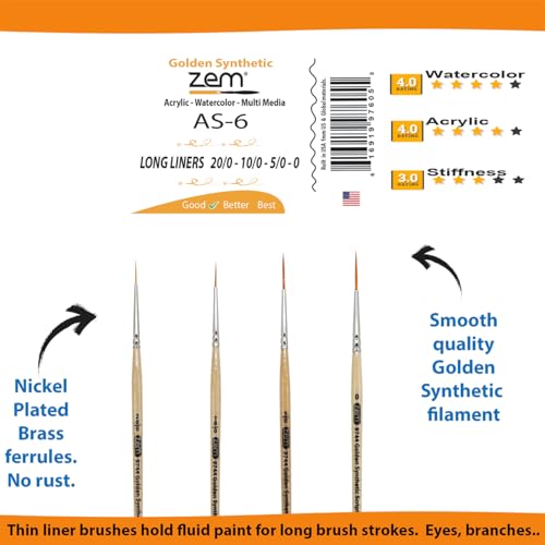 ZEM Brush Golden Synthetic Long Script Liners Artist Paint Brushes Sizes 20/0, 10/0, 5/0, 0