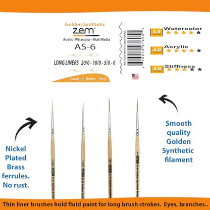 ZEM Brush Golden Synthetic Long Script Liners Artist Paint Brushes Sizes 20/0, 10/0, 5/0, 0