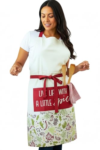 100% Cotton Printed Kitchen Apron with 2 Pockets for Men and Women – Adjustable Chef Apron - Machine Washable - color: Red Spices
