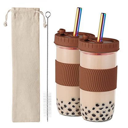 Amyoole 2 Pack Reusable Boba Cup,24Oz Wide Mouth Smoothie Cup,mason Jar Glass Cups with Lids and Straws,Bubble/Boba Tea Cups,Ice Coffee Tumbler 2 colored straws 1 sponge brush(Brown) - color: Brown
