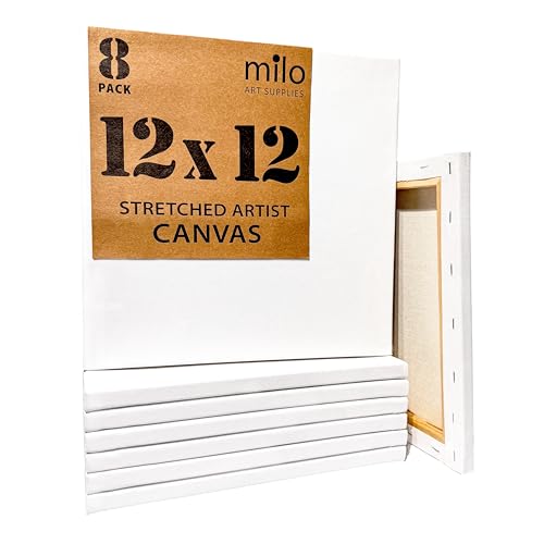 milo Stretched Artist Canvas | 12x12 inch | Value Pack of 8 Canvases for Painting, Primed & Ready to Paint Art Supplies for Acrylic, Oil, Mixed Wet Media, & Pouring, 100% Cotton with Pine Wood Frame - size: 12" x 12"
