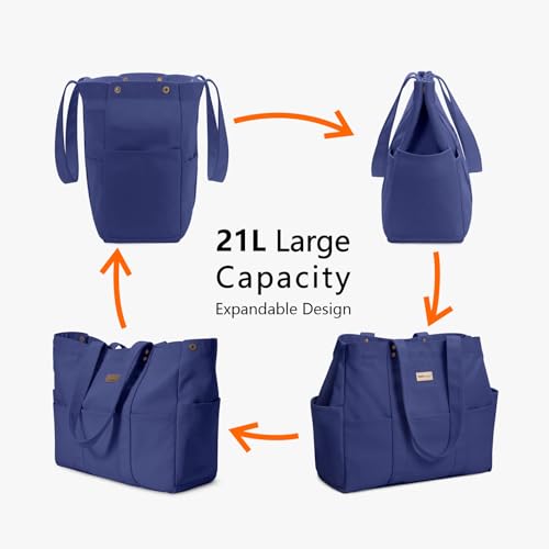 TOPDesign Large Canvas Tote Bag for Women, Shoulder Bag with Laptop Sleeve & Pockets, Everything Tote for Travel, Work (Navy Blue) - color: Navy Blue