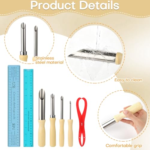 7Pcs Pottery Tools Set Includes Clay Sculpture Ceramic Shrinkage Scale Ruler, Standard Ruler, Bent-Leg Plastic Caliper, Stainless Steel Circular Clay Hole Cutters for Carving Shaping Modeling Drilling
