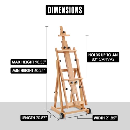 Houseables Easel for Painting, H Frame Easel, Painting Stand, Floor Standing, for Large Canvas, Adjustable, Tilt Flat, Rolling Wheels, Wood, Studio, Adults, Painters, Arts & Crafts, Fits 80” Canvas