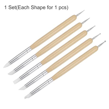 HARFINGTON 5 Pcs Silicone Clay Sculpting Tool Double-Ended Rubber Tip Metal Ball Silicon Shaper Pens Modeling Stylus Dotting Tool for DIY Handicraft Sculpture Pottery Painting, Wood - color: Wood