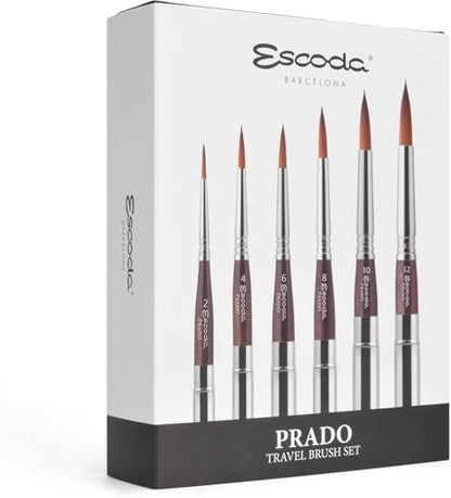 Escoda | Watercolour | Prado Set with 6 Round Travel Brushes for Watercolour | Size 2,4,6,8,10,12 | 6 Brushes | Synthetic Tame | Round Pointed - color: Prado