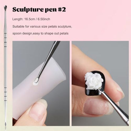 Fcozpjk Nail Art Sculpture Pen, 3PCS Double-head Stainless Steel 3D Gel Art Sculpting Pens Dotting Tools Acrylic Powder Flower Design Carving Modeling for Builder Gel Chrome Powder Applicator Manicure