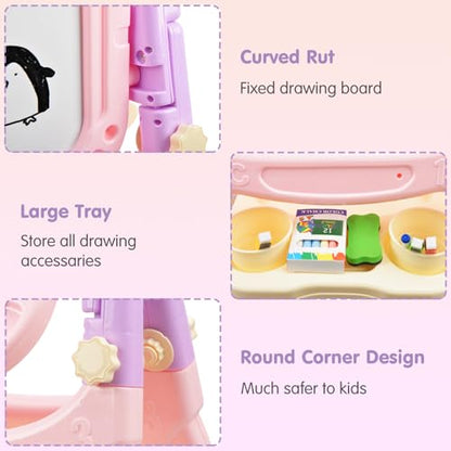 Kids Art Easel, Adjustable Drawing Whiteboard & Chalk Board, Double Sided Toddler Easel with Painting Accessories, Birthday Gift Toy for Little Girls Boy Age 2 3 4 5 (Pink) - color: Pink