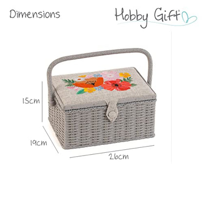 Hobby Gift Medium Sewing Box Organiser, Fabric Covered Storage Box with Handle, Internal Tray, Pin Cushion and Pocket for Sewing, Quilting and Knitting Supplies - color: Wild Flowers