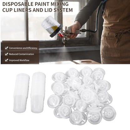 CHICIRIS Disposable Paint Cup Kit 600ml 20 Ounce, with 50 Inner Cups 50 Lid Covers 2 Outer Cups Seal Ring 20 Sealing Plugs 2 Spray Gun Adapters PTFE Tape Mixing Stick, for Automotive