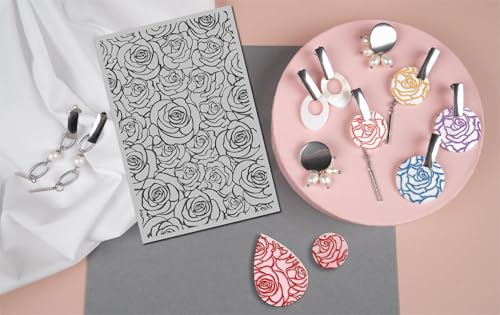 Polymer Clay Roses Flowers Texture Sheets for Earrings Jewelry Making, Clay Floral Texture Mats for Polymer Clay Projects Flowers Stamps for Clay Earrings Tools