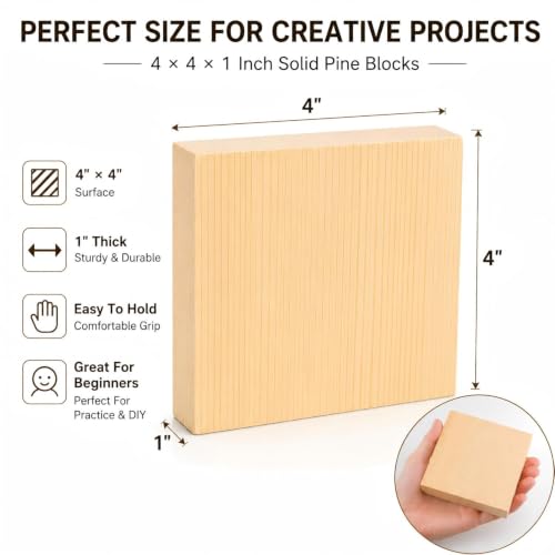 4 Pcs Solid Wood Blocks 4x4x1 Inch Unfinished Whittling Blocks for Crafts, Wooden Art Block for Crafts DIY Projects Classes Photo Blocks Painting Wall Decorations - size: 4x4x1 Inch