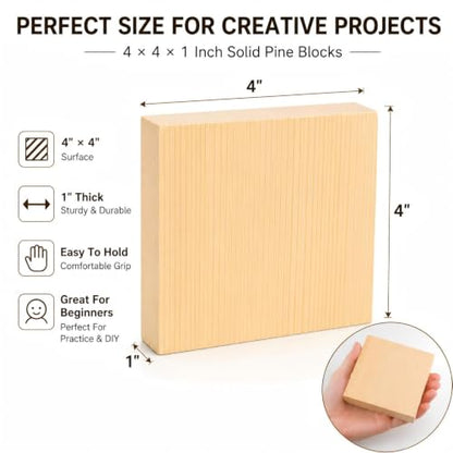 4 Pcs Solid Wood Blocks 4x4x1 Inch Unfinished Whittling Blocks for Crafts, Wooden Art Block for Crafts DIY Projects Classes Photo Blocks Painting Wall Decorations - size: 4x4x1 Inch