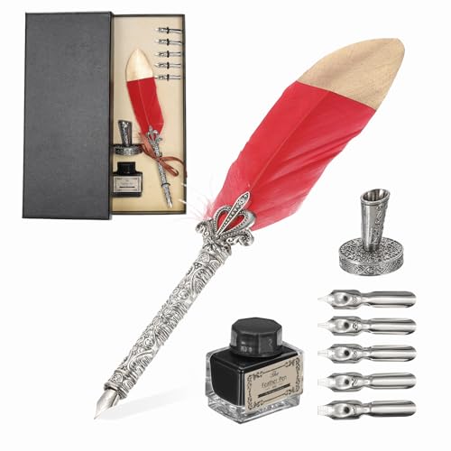 PATIKIL Feather Quill Pen Set, 1 Set Vintage Feather Calligraphy Pen Fountain Dip Pen Set with Ink, Pen Holder and Replacement Nibs for Beginner Writer Writing Gift, Red - color: Red