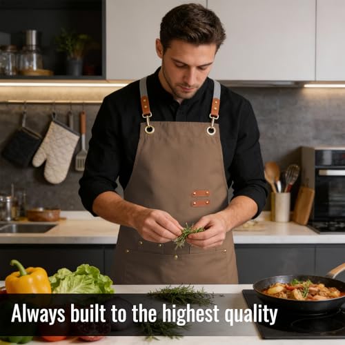 Aoomzoon Durable Kitchen Apron,Multifunctional Chef Aprons for Women & Men with Pockets for Cooking Baking & Daily Use - color: Brown