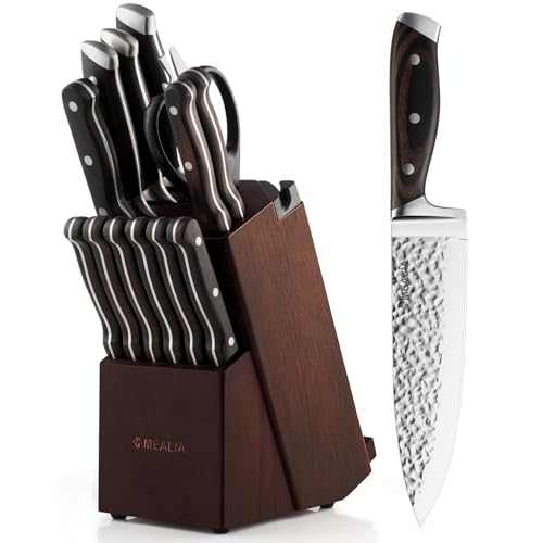 Kitchen Knife Set with Block, 15-Piece Professional Stainless Steel Sharp Knives Set for Kitchen with Built-in Sharpener, Ergonomic Wooden Handle, Full Tang Forged Triple Rivet, Boxed Knife Set