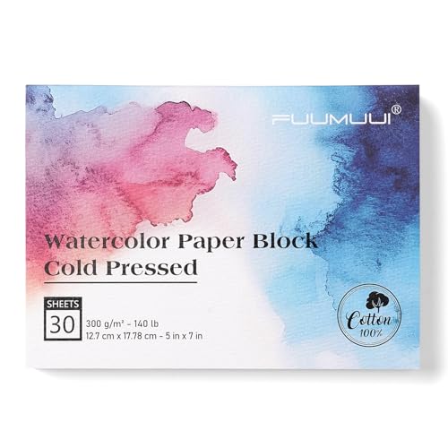 Watercolor Paper Block 5x7 Inch, Fuumuui 100% Cotton Watercolor Paper Pad of 30 Sheets, 140lb/300gsm, Acid-Free Cold Pressed Art Paper for Painting, Drawing, Art Journaling, Wet, Mixed Media - color: Cold Press, size: 5×7"