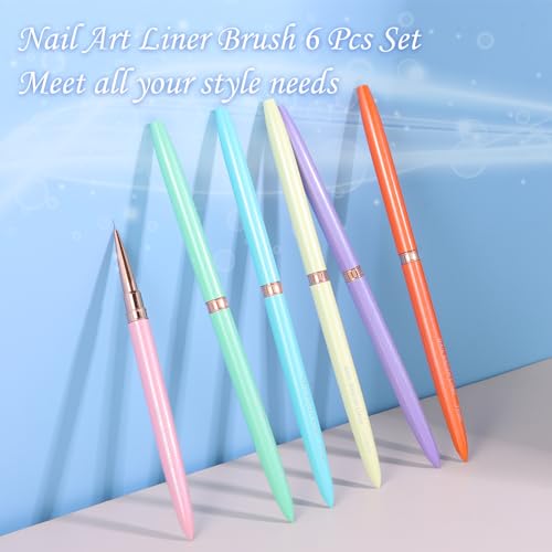 6Pcs Colorful Nail Art Liner Brushes Set, Detail Painting Design Fine Lines Drawing With Cap Metal Handle Home DIY Salon Manicure Tool Women Gifts, 5/7/9/11/15/18mm - color: Multicolor