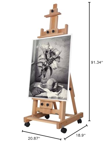 Wooden H-Frame Easel, 56" to 91" H Studio Easel with Large Storage Tray Adjustable Sturdy Beech Wood Desktop Art Easel, Portable Painting & Display Table with Large Storage Tray and Wheel,18.9*20.87in