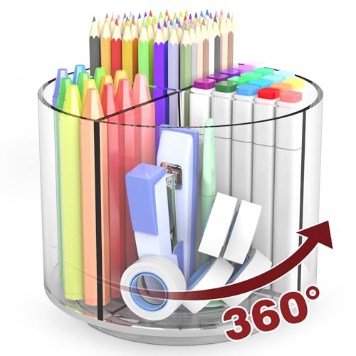 Absonic Pencil Holder for Kids, 360 Rotating Pen Holder for Desk Organizer and Storage, 4 Compartments Art Supply Marker Organizer, Pen Organizer Pencil Holder - color: Clear - Medium - Single - No Handle